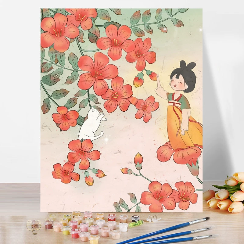 Цифровая картина маслом в китайском стиле для девочек, раскраска своими руками, ручная роспись, древние персонажи, цветочная картина маслом, акриловая краска, живопись
