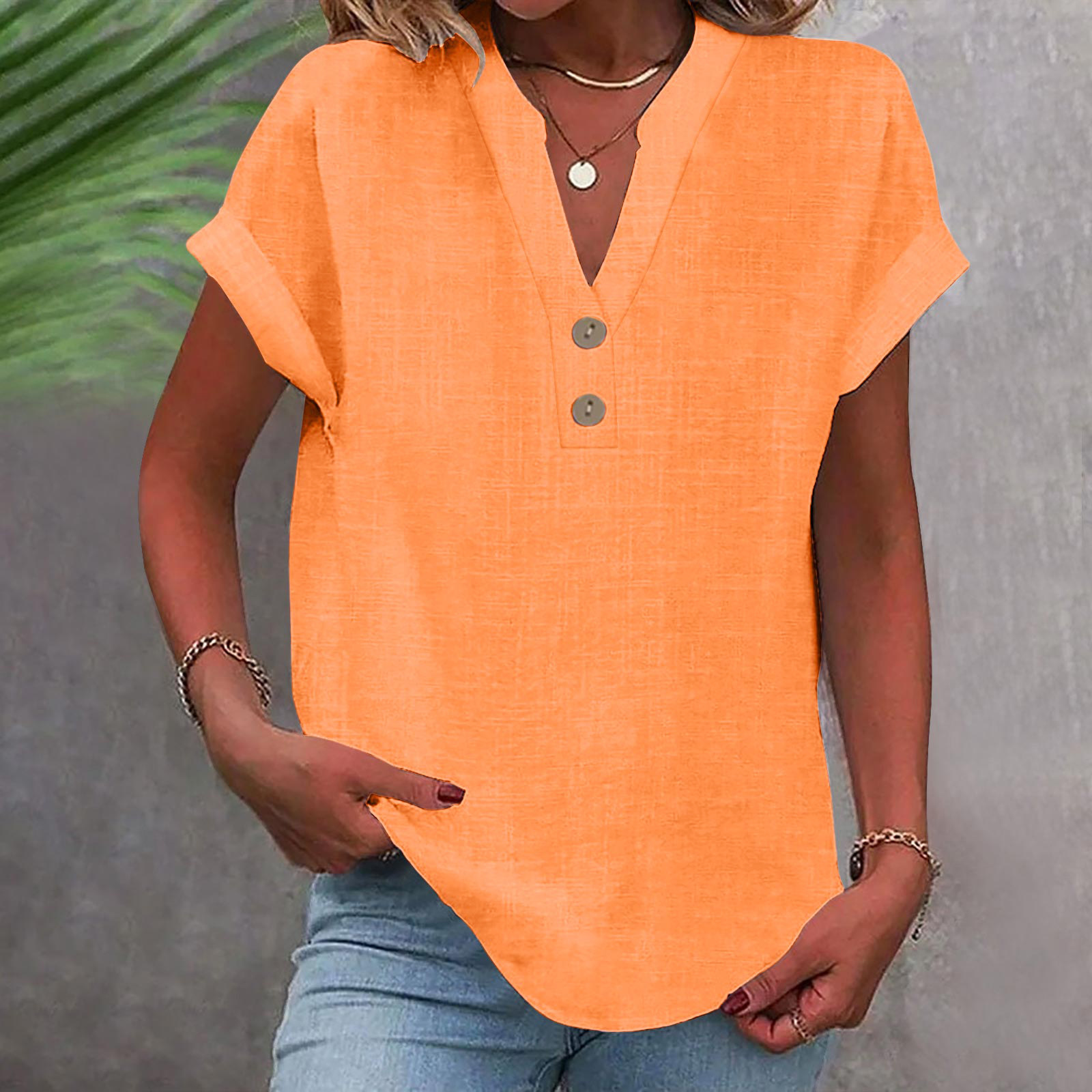 2025 European And American Summer Solid Color Stand Collar Button Short Sleeve Women's Shirt_ecoleips.com