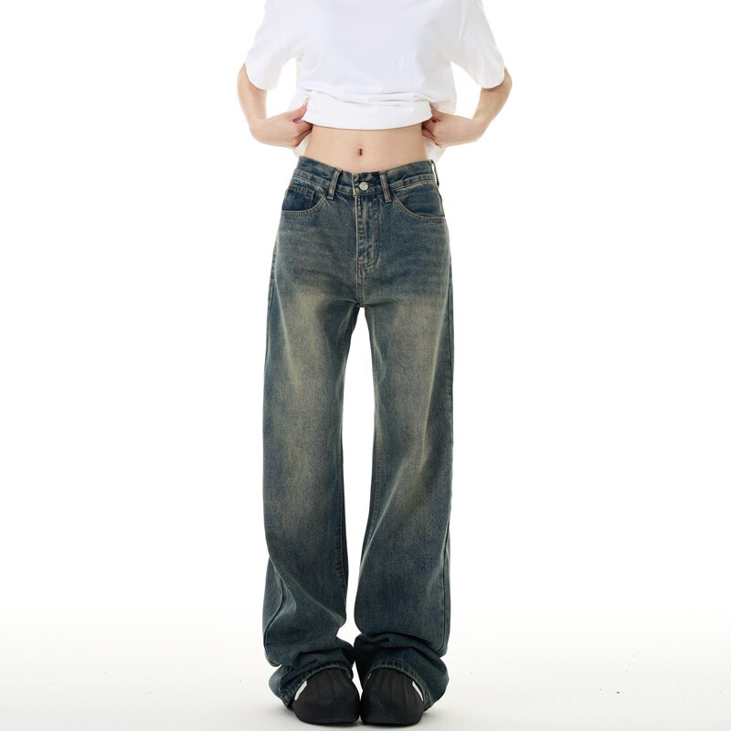 American Retro Jeans for Men and Women, New Dark-Colored High-Street Washed Vintage High-Waisted Wide-Leg Loose Straight Pants Trendy