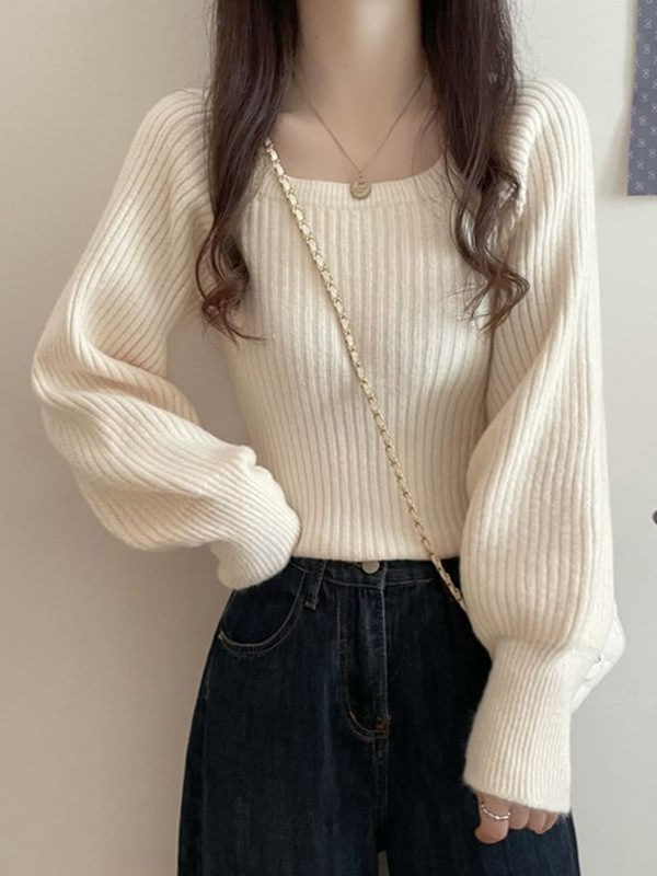 方领灯笼袖针织毛衣女秋冬大衣内搭打底衫上衣小个子2024新款冬季