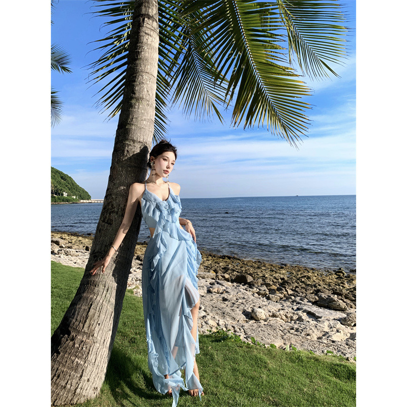 Real Shot of a Vacation-Style Spaghetti Strap Dress for Women, Summer Cool and Breezy Beach Style, Asymmetrical Waist-Revealing Ruffled Long Dress