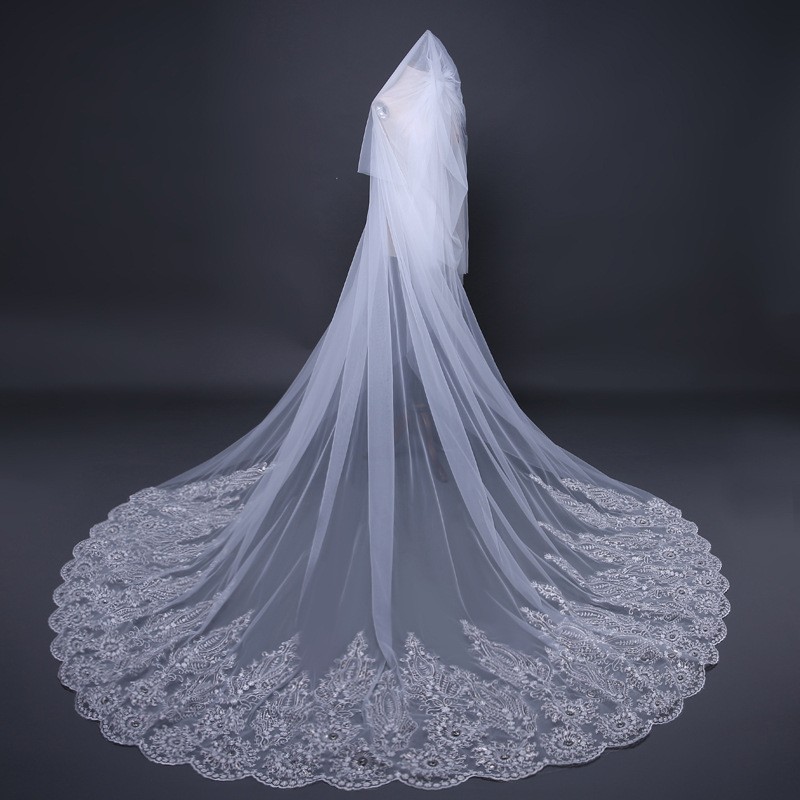 Extra-Long Double-Layer Bridal Veil with Sequin Lace and Rhinestones