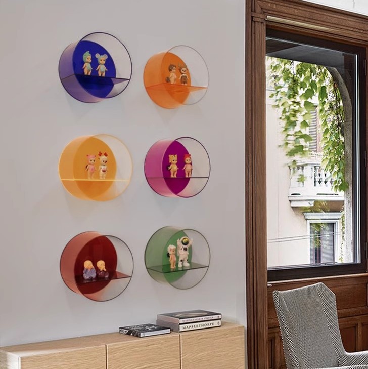 亞克力掛壁公仔盲盒架網紅彩色展示櫃圓形上牆置物架手辦裝飾品