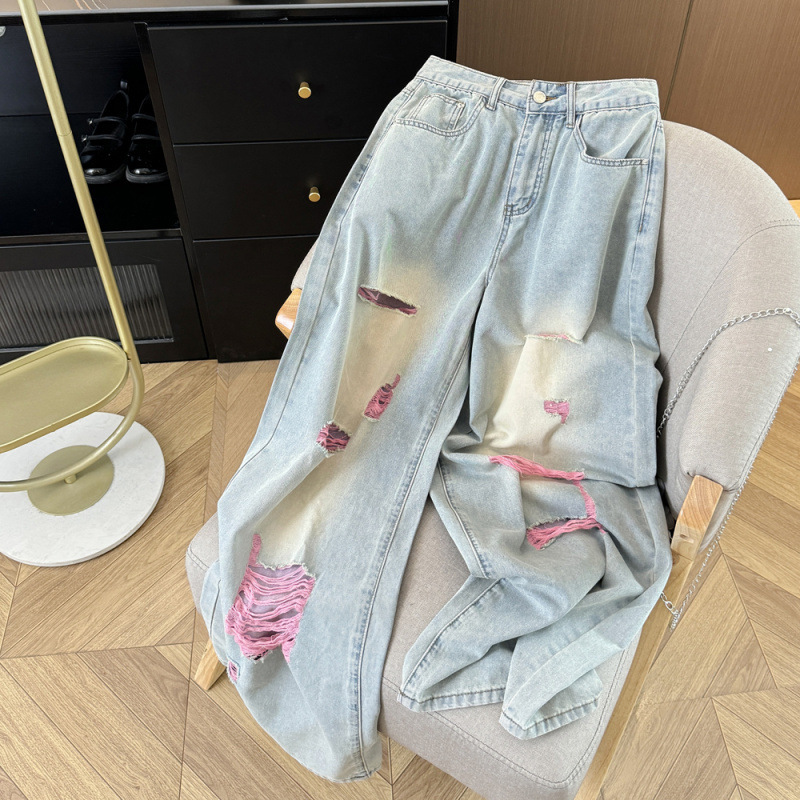 Real Shot of Korean-Style Retro Pink Ripped High-Waisted Straight Loose Wide-Leg Slimming Denim Floor-Length Pants for Women in Summer Real Shot of Korean-Style Retro Pink Ripped High-Waisted Straight Loose Wide-Leg Slimming Denim Floor-Length Pants for Women in Summer
