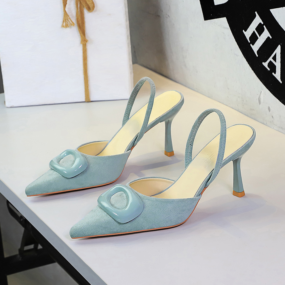 9627-K221 French style commuting square buckle pointed suede small clear fashionable back strap slim high-heeled women's shoes