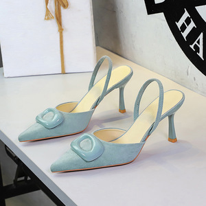 9627-K221 French style commuting square buckle pointed suede small clear fashionable back strap slim high-heeled women&a