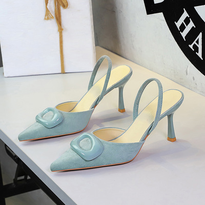 9627-K221 French style commuting square buckle pointed suede small clear fashionable back strap slim high-heeled women&a