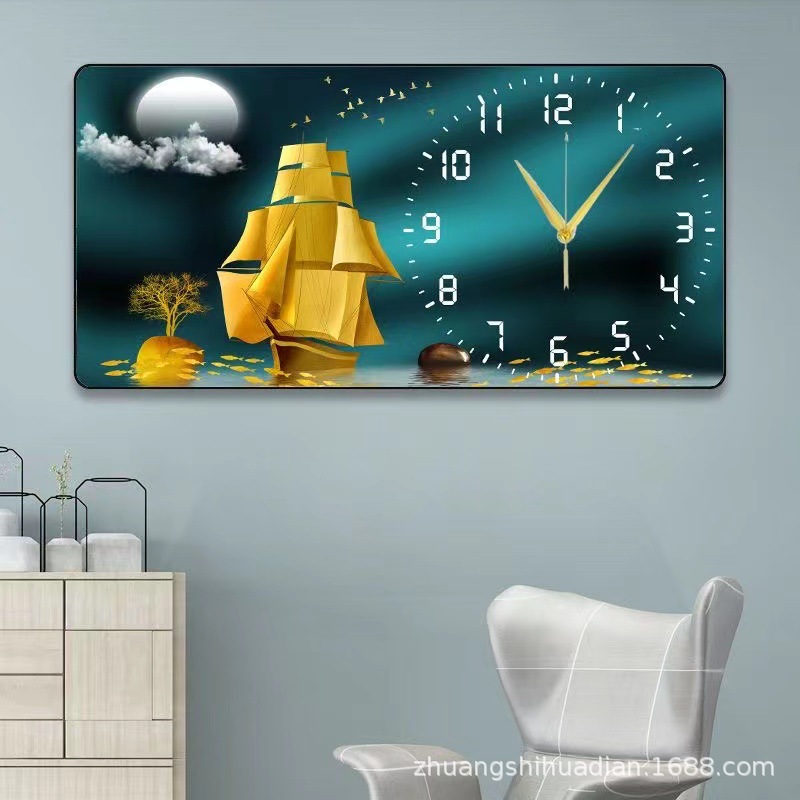 2023 nuevo restaurante pintura decorativa reloj luz comedor de lujo Fondo colgante de pared pintura cálida sala de estar reloj mural de Cristal