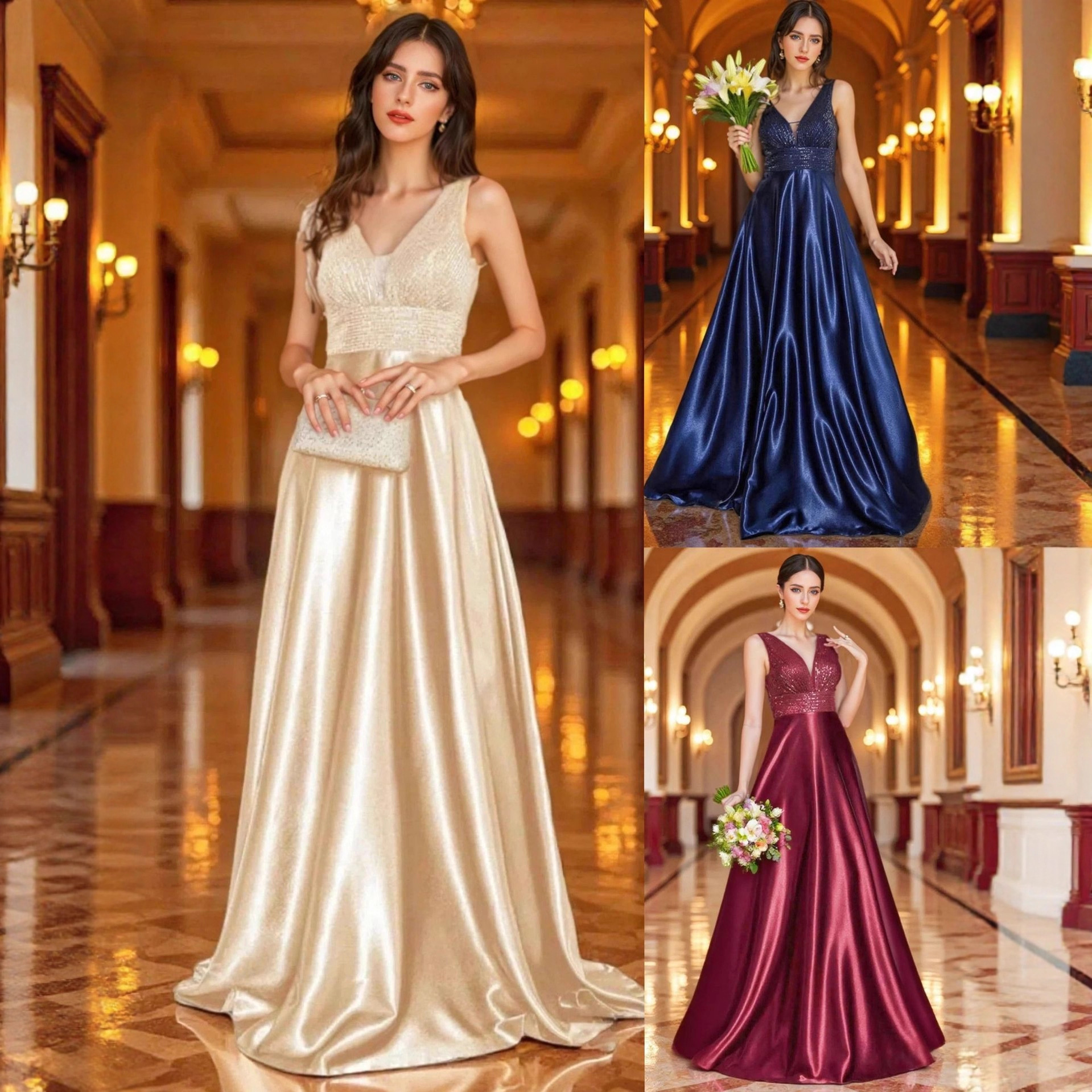 European and American Cross-Border Ladies New Elegant Satin Sequin Dress Deep V Neck Banquet Ball Long Dress Evening Dress for Women