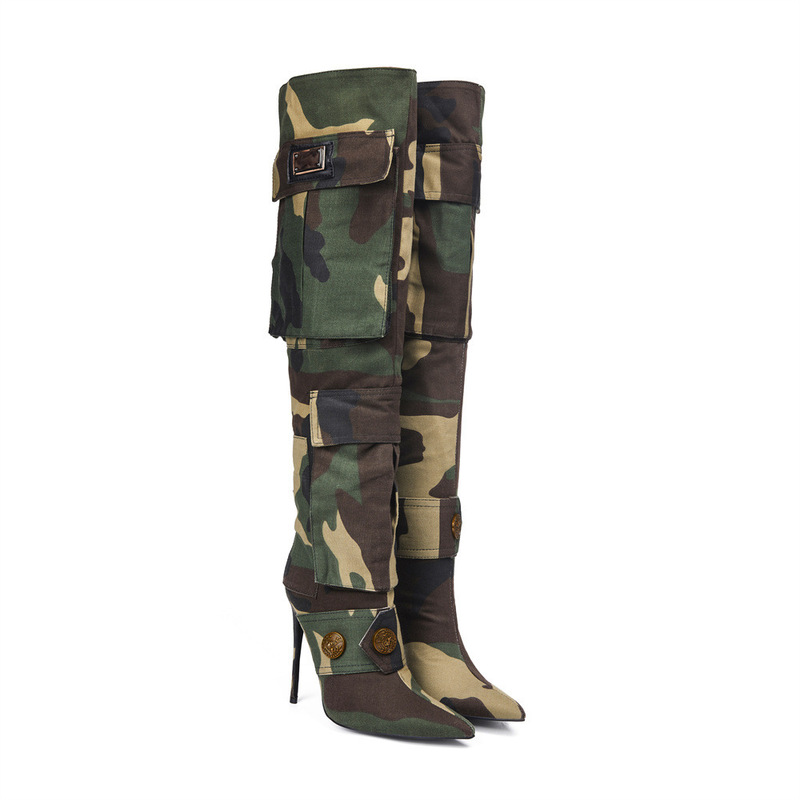 Foreign Trade Over-The-Knee Boots Pointed Toe High Heels Camouflage Rivets Cross-Border Fashion Large Size Motorcycle Women's Long Boots Trendy