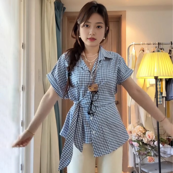 Plus Size Fat mm Design Asymmetrical Strap Blue Plaid Shirt Women's Summer Belly-Covering Slimming Look Short-Sleeved Top