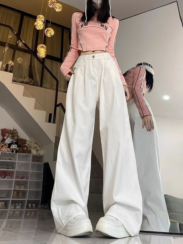 白色褶皱垂感阔腿牛仔裤女秋季2025新款高腰宽松显瘦直筒拖地长裤|undefined