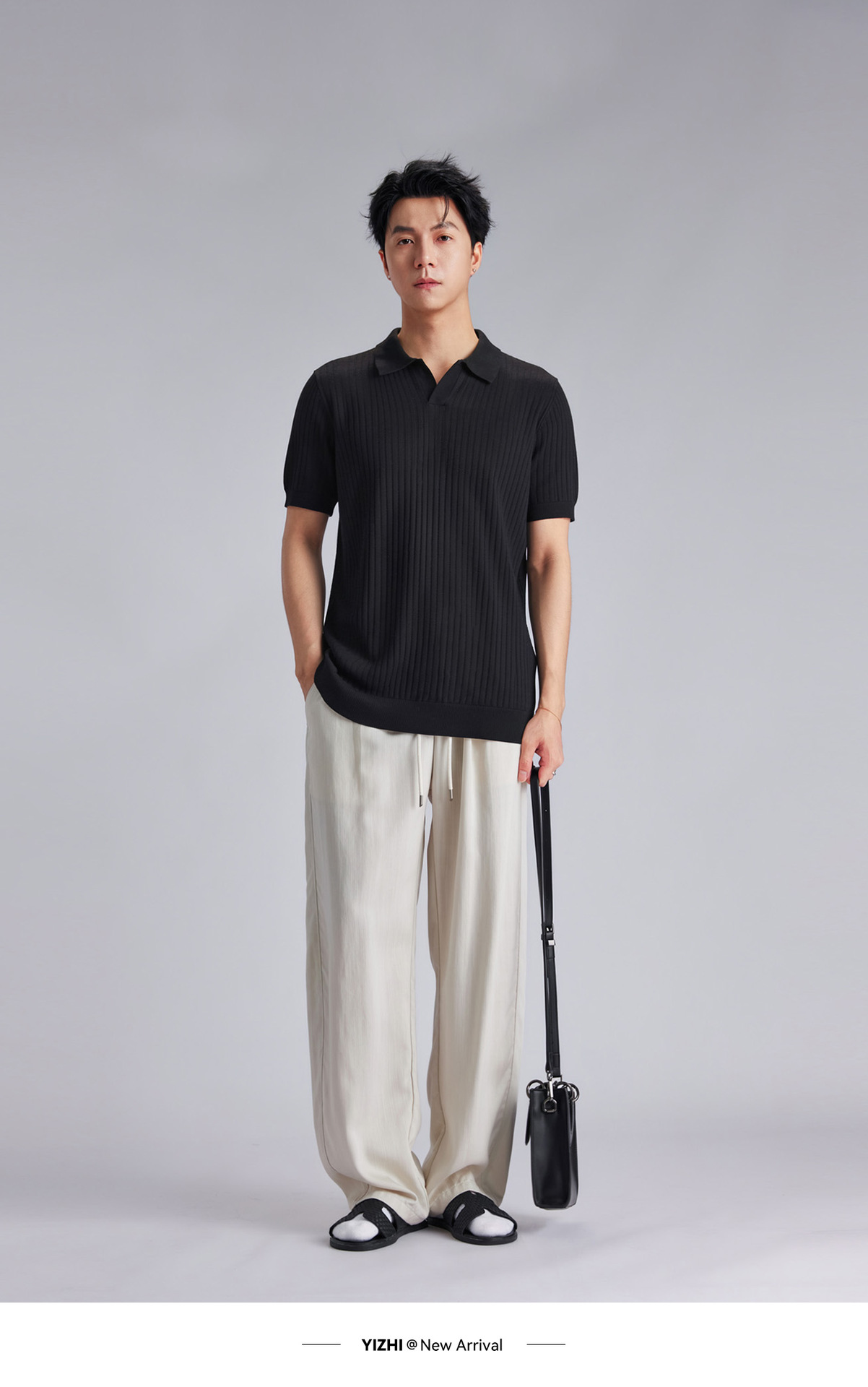 Áo polo nam dệt kim phong cách cổ điển tay ngắn — đen chi tiết 15