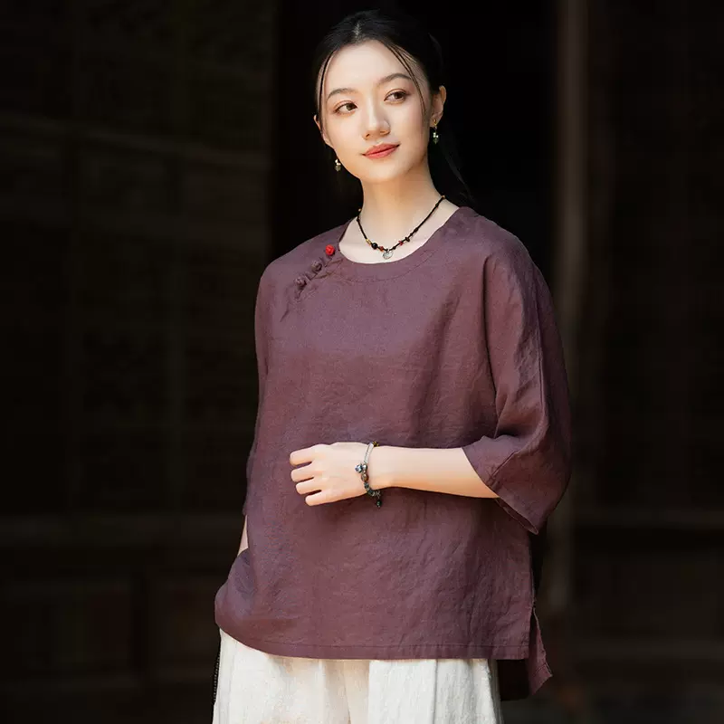 25夏新款复古薄款全麻套头衫禅意佛系茶服衬衫亚麻圆领宽松上衣女