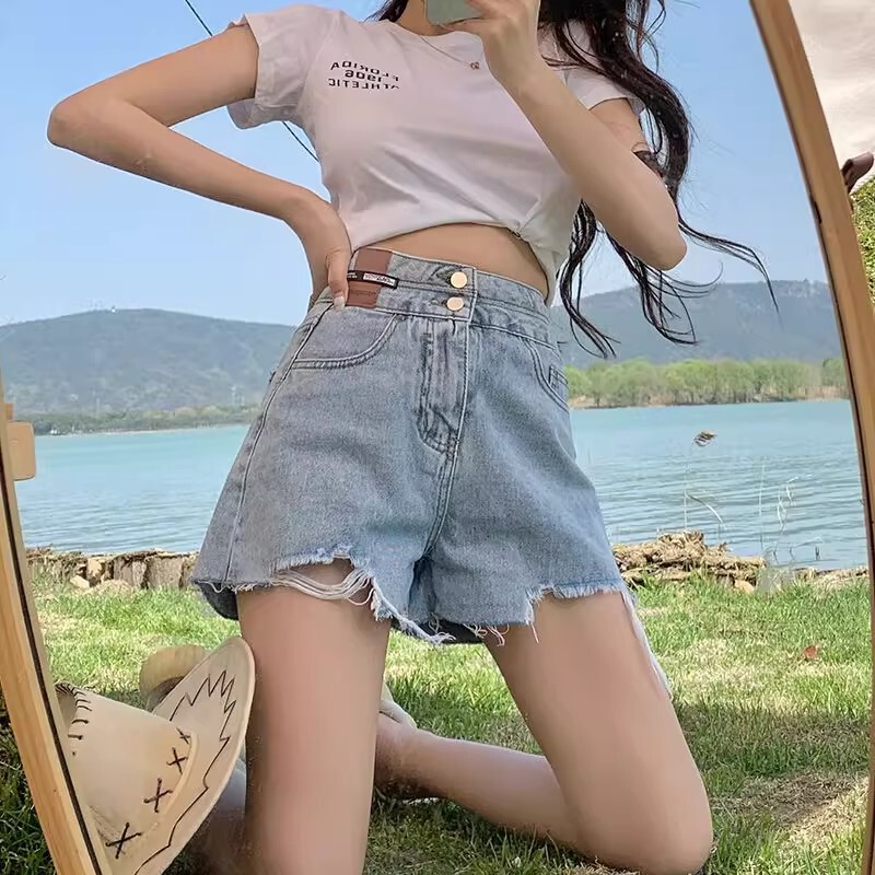 Plus Size Fat mm Light Blue Ripped Denim Shorts Women's Summer New High Waist A-Line Wide Leg Pants Loose Raw Edge Shorts