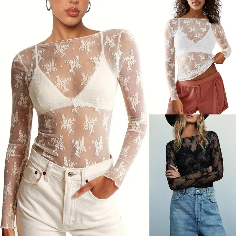 European and American Cross-border Women's Casual Collar Perspective Lace Top Mesh Base Shirt Sexy T-shirt SU4028