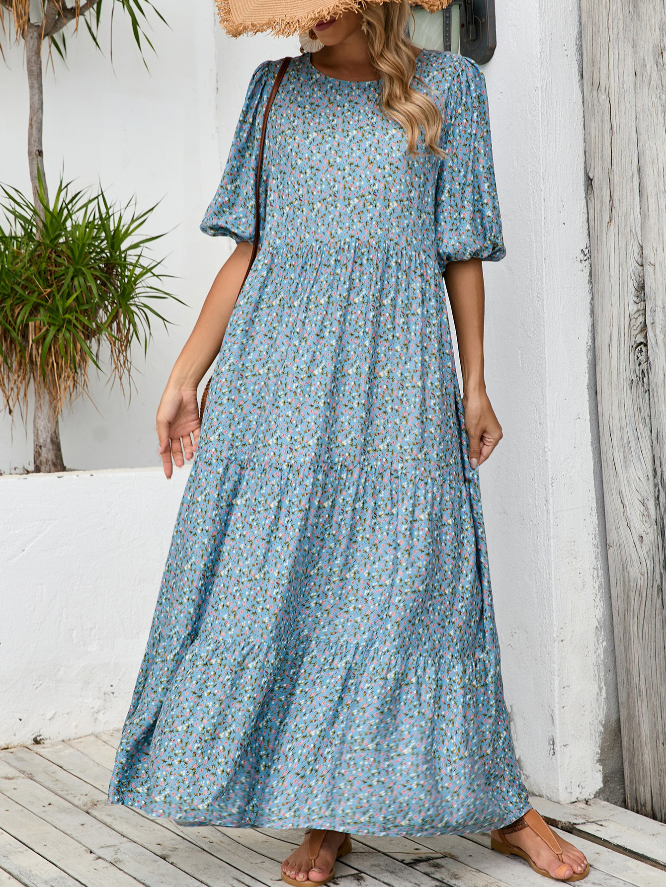 European And American Cross-border Foreign Trade Middle Eastern Robe, Loose-fitting Round-neck Mid-sleeve Dress,_ecoleips.com