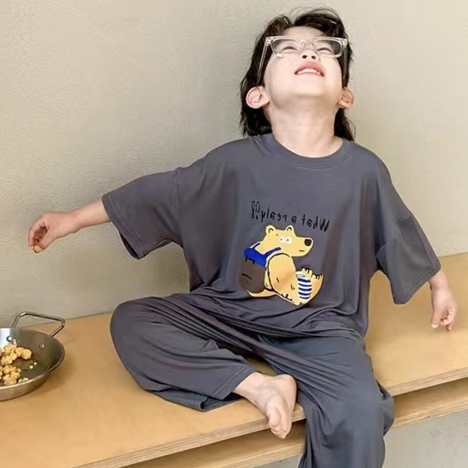 Children's Summer Pajamas, Ice Silk Thin New Style, Boys' Short-Sleeve and Long-Pants Home Wear Set, for Older Boys, Air-Conditioned