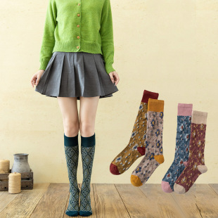 Combed cotton socks women's knee-length calf socks rhombic small floral jk vintage British Lolita high stockings