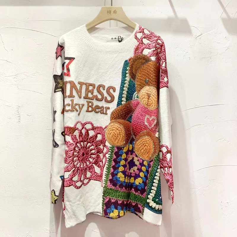 2023 nuevo Otoño e Invierno suéter de terciopelo de visón de imitación de manga larga bordado oso rhinestone forrado de lana más tamaño cálido Americano Superior