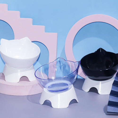 Cat ear bowl cat face protection cervical spine cat bowl cat feeding and drinking water pet transparent double bowl cat food bowl plastic cat bowl