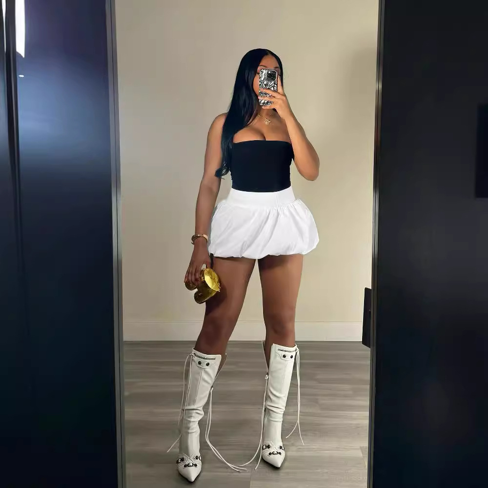 Women's Clothing D10100 style mini pleated skirt Bubble bubble skirt solid color elastic waist super short mini skirt_voghion.com