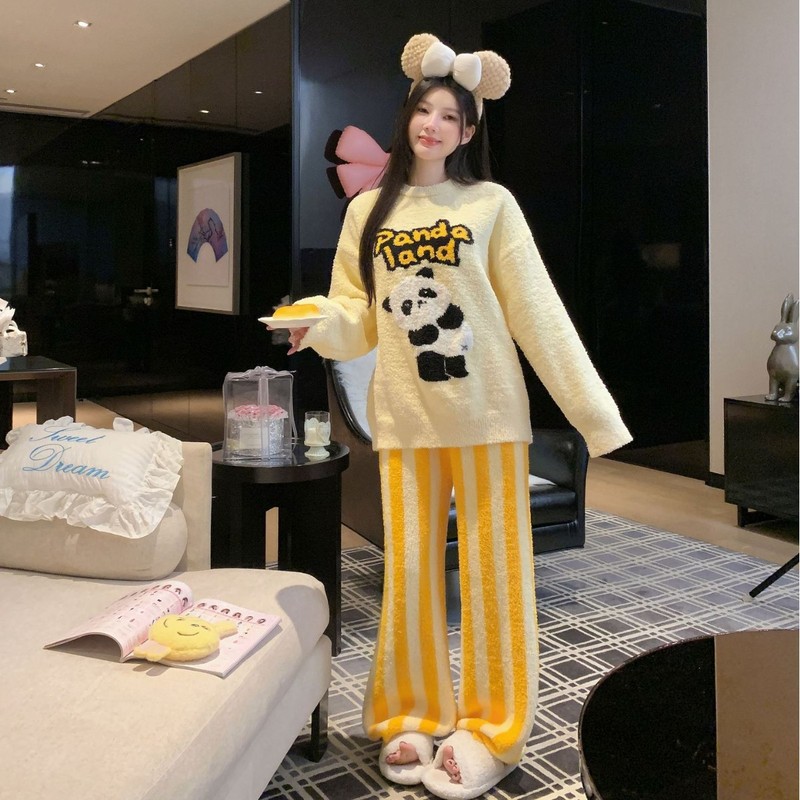 2025秋冬新品女式圆领软绵绵睡衣卡通熊猫家居服半边绒套装韩版|undefined