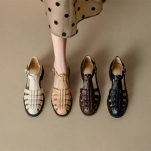 经典百搭编织镂空平底罗马鞋夏季新款复古圆头粗跟真皮包头凉鞋女