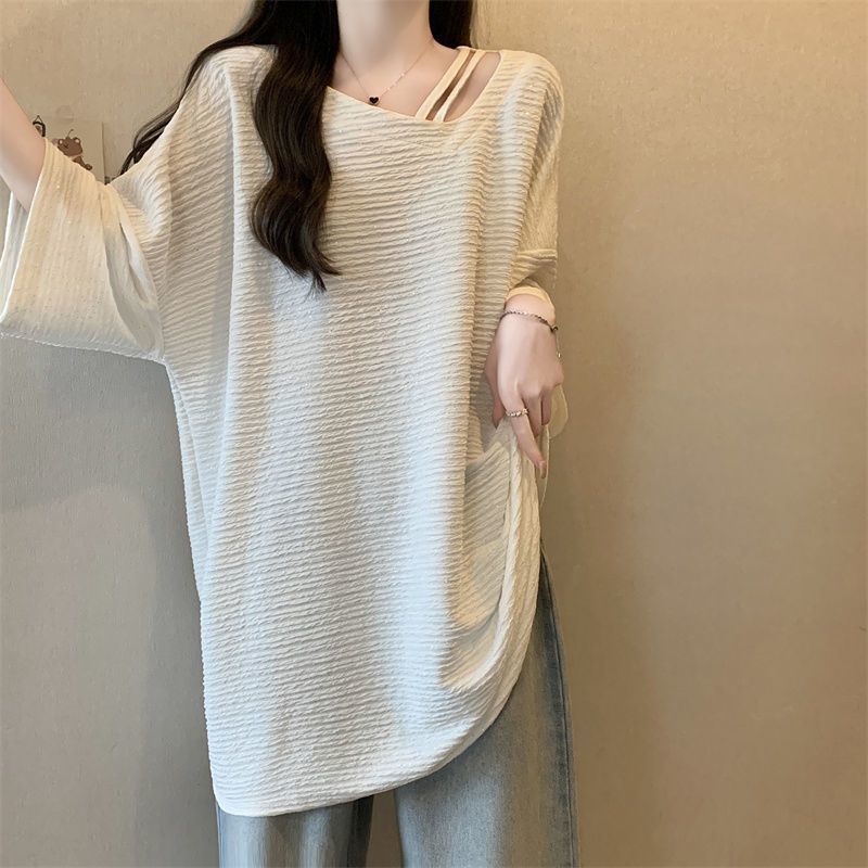 Camiseta de manga corta irregular de textura brillante de gran tamaño para mujer 2024 verano nuevo estilo suelto y delgado top de mm image 4