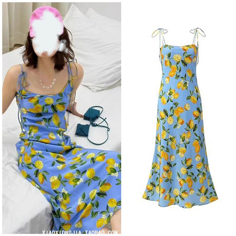 Wu Xin Spicy Yoko Same Style Holiday Lemon Print Sling dress Women's Summer French Elegant Waist Dress