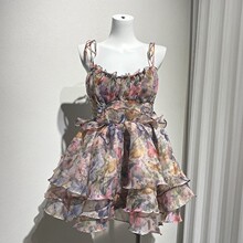 现货小众2024夏季新款混色花蝶草本印花迷你连衣裙女