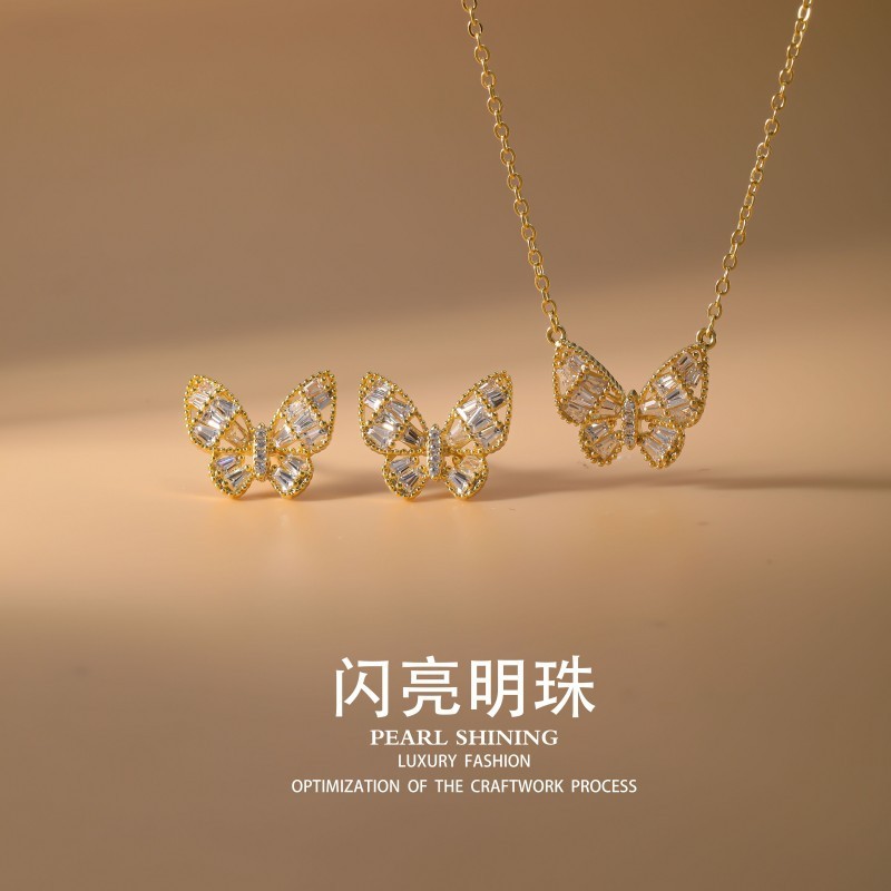 光沢のある真珠の銅のイヤリングとネックレスセット蝶色褪せない女性の軽い高級ハイエンドの国境を越えた卸売ジュエリー|undefined