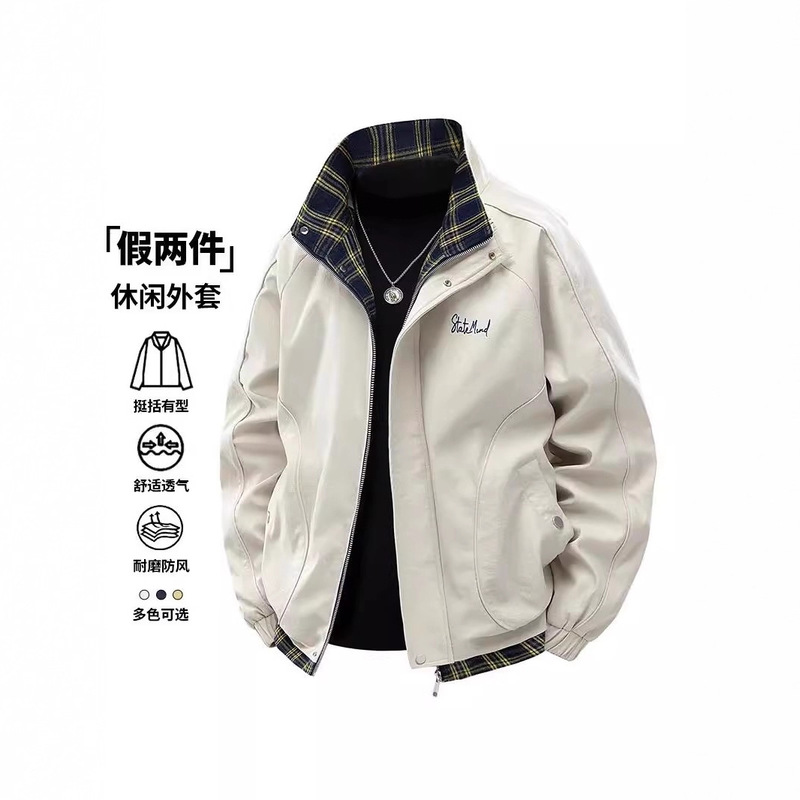 Shark American Casual Plaid Collar Jacket Men's Spring & Fall Trendy Brand Plaid Lapel Fake Two-Piece Jacket Men Shark American Casual Plaid Collar Jacket Men's Spring & Fall Trendy Brand Plaid Lapel Fake Two-Piece Jacket Men