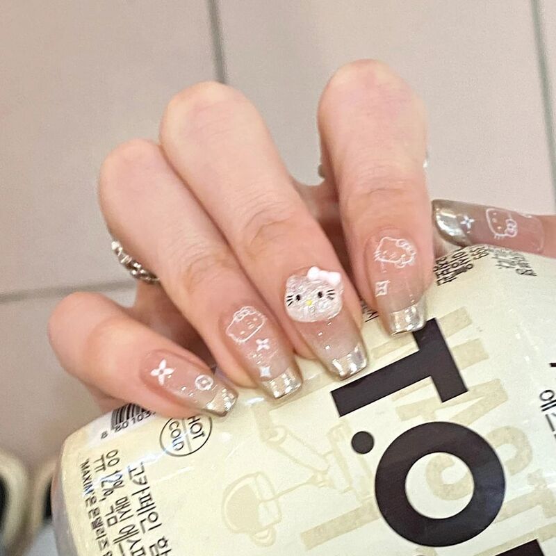 Nail Art Handmade Wear Armor White Niche Advanced Magic Mirror Powder French Cat's Eye Ins Sweet and Cute Kitty Student