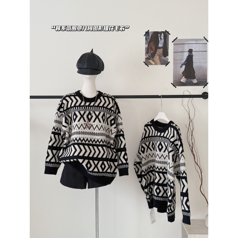 Schnei Geometric Jacquard Sweater Lazy Soft Waxy Pullover Sweater Loose Top Women's 2025 Autumn and Winter New Style