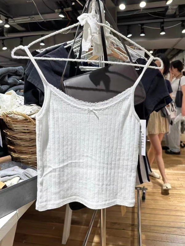 BM style American style retro white lace bow eyelet camisole women's bm hot girl pure want inner top