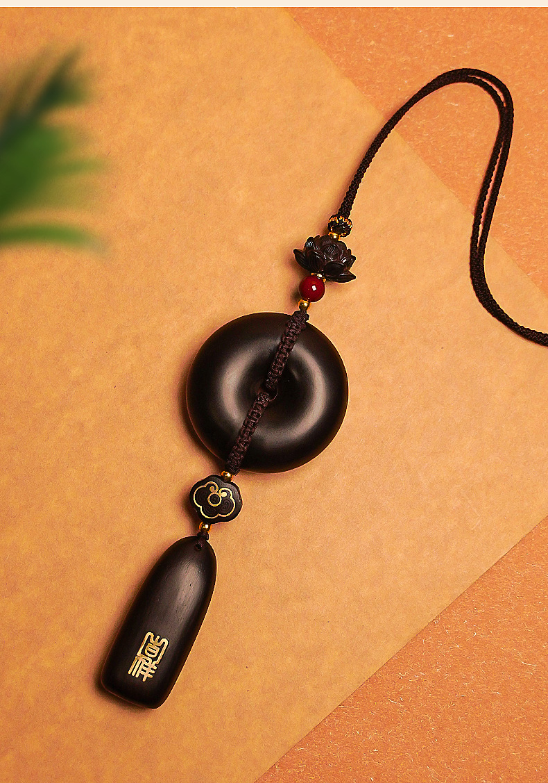 Car Pendant Made of Red Sandalwood, Featuring a Safety Charm and a Peace Sign, High-End Car Rearview Mirror Decoration for Men and Women, New Model for the Car Interior