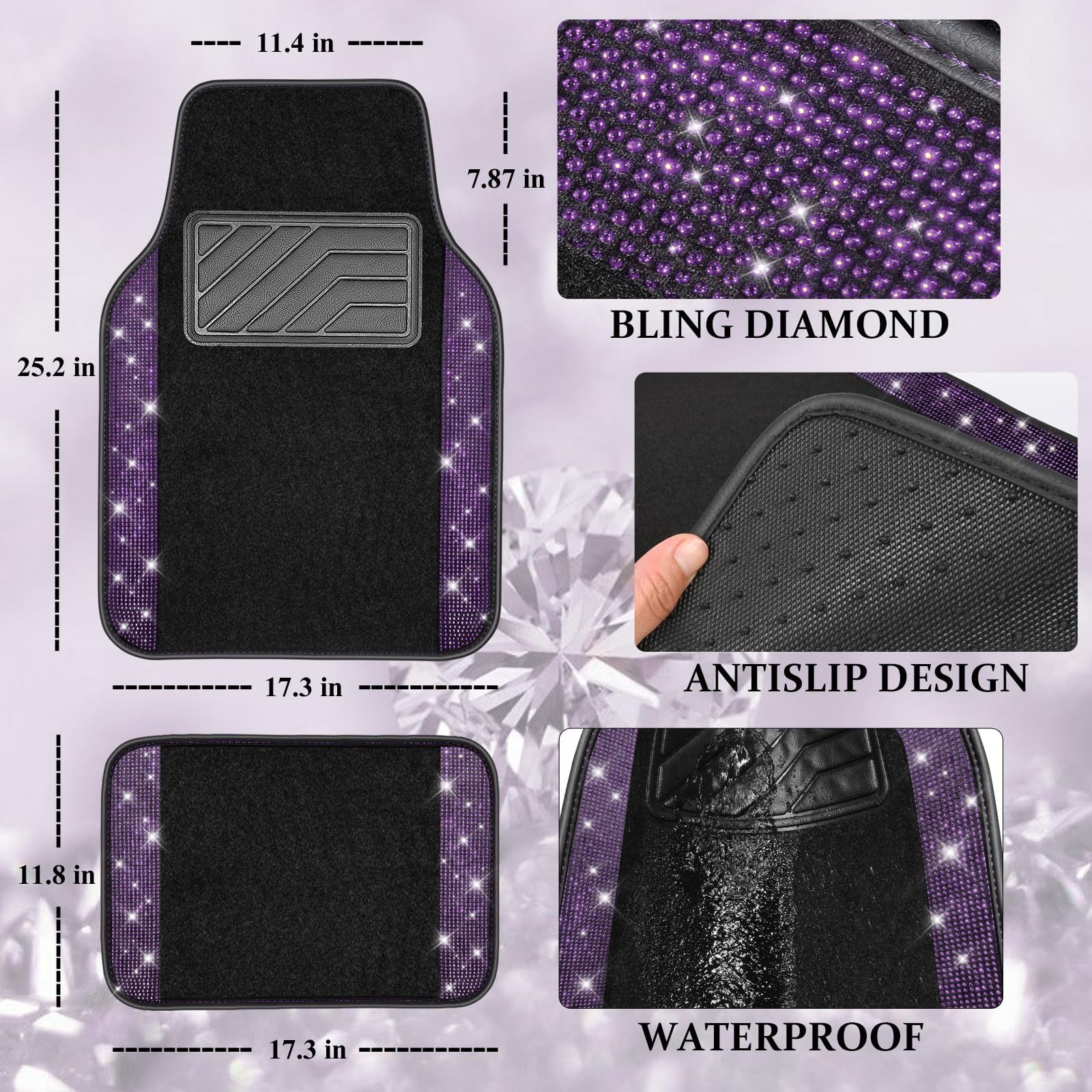 Cross-Border Foreign Trade Crystal-Encrusted Diamond Car Floor Mats, Universal Fashionable Shiny Carpet, Pvc Waterproof and Dirt-Resistant 4-Piece Set