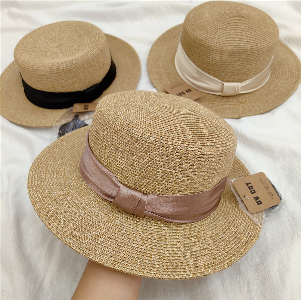 日系短檐優雅平頂禮帽夏季出遊防曬遮陽帽文藝復古草帽百搭太陽帽