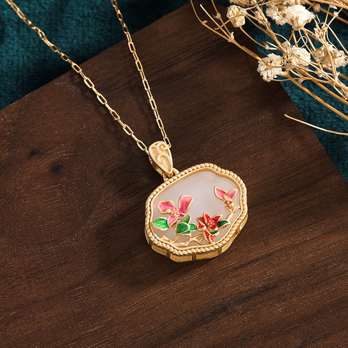 DouKuai Live Enamel Ruyi Safe Lock Pendant Necklace Imitation Hotan Jade Mother’s Style Retro National Style Jewelry