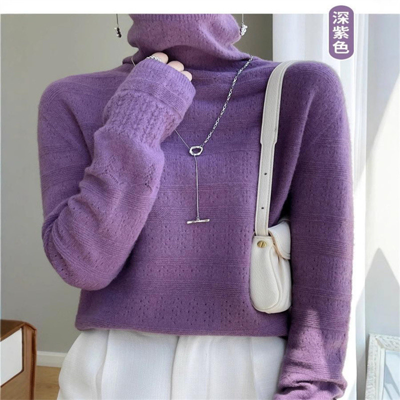 2025 새로운 도착 전선 의류 캐시미어 더미 칼라 니트 스웨터 여성용 짧은 할로우 울 스웨터베이스 탑