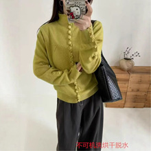 秋冬新款纯色包扣半高领宽松百搭毛衣女韩系复古立领长袖针织开衫