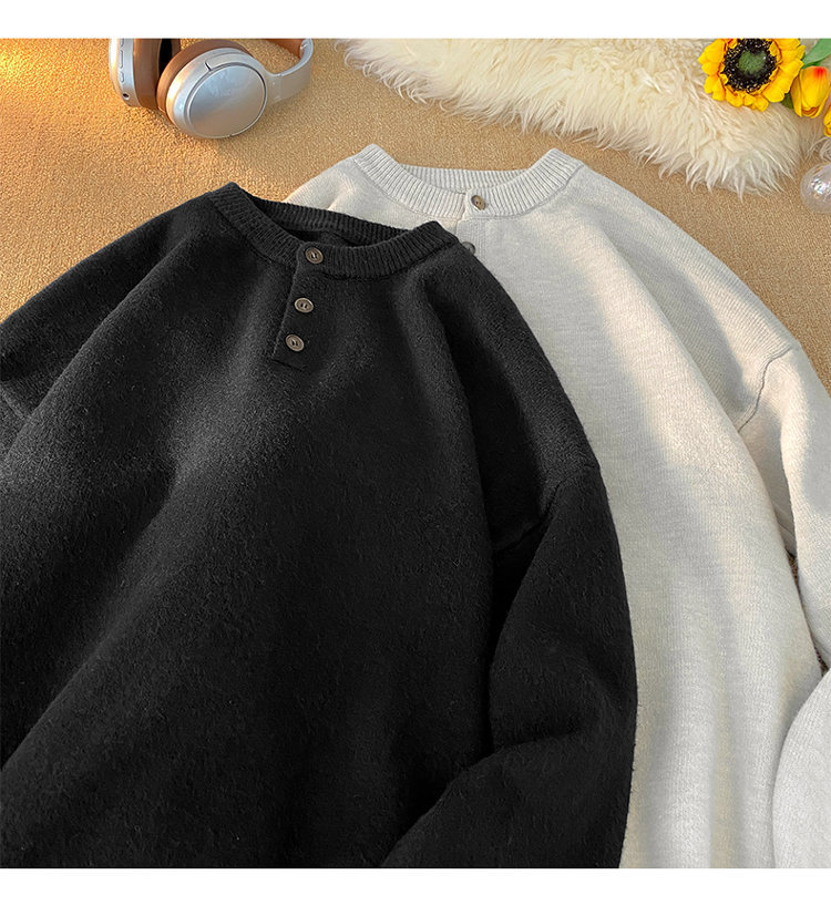 Cleanfit Henley Knit Sweater – Heavyweight Relaxed Pullover With Ribbed Hem_voghion.com