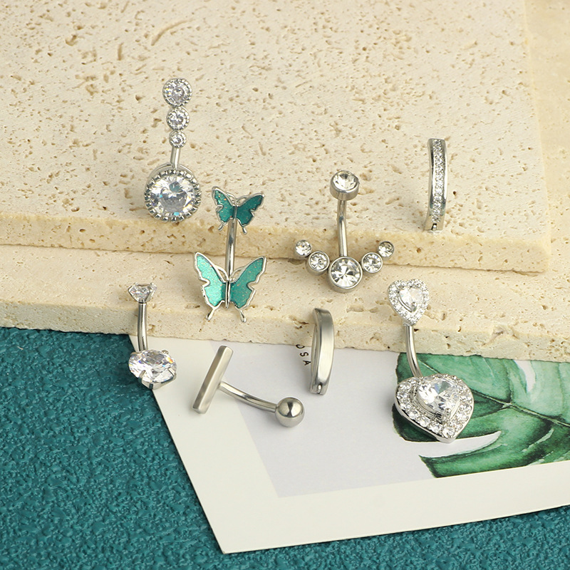 8-Piece Rose Gold CZ Navel Ring Set Stainless Steel Body Piercing Jewelry Navel Belly Button Rings detail image 12