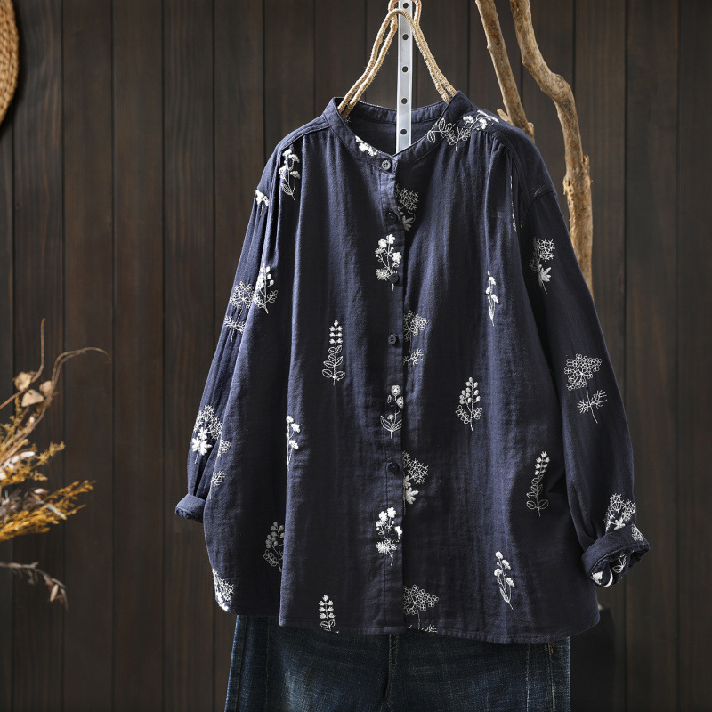 Shirt Women's 2025 New Early Autumn Embroidered Double-Layer Cotton Yarn Design Artistic Loose Casual Super Nice Shirt