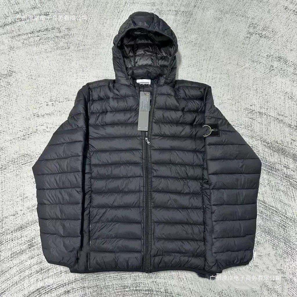 Cross-border trendy brand stone classic embroidered sleeve patch down jacket hooded zip-up coat for men