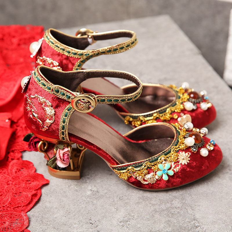Chinese style red wedding shoes court vintage toast shoes chunky heel Diamond-embedded dragon and phoenix bridal shoes cheongsam shoes women's high heels