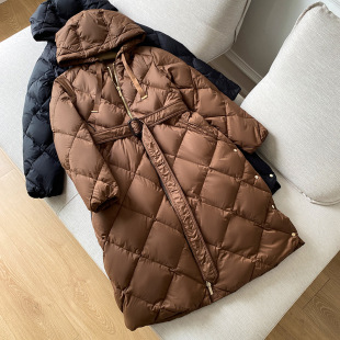 Down Jacket for Women 2024 Winter New Style Mid-Length Hooded Quilted Belt Classy European Goods 90 White Duck down Loose