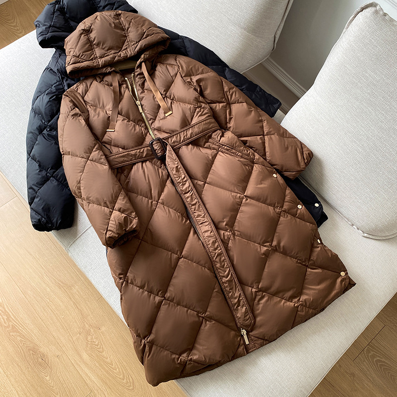 Women's Clothing Down jacket mid length hooded diamond belt high 90 white duck down loose Down Coat_voghion.com