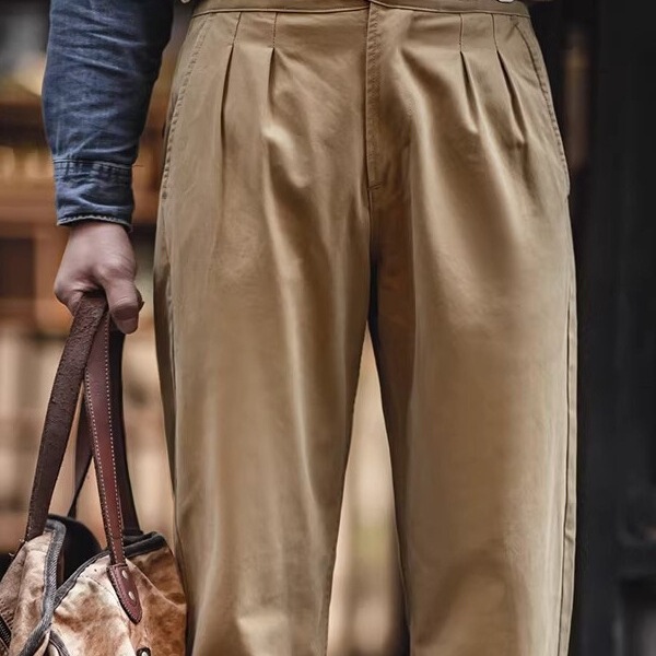 Vintage American-Style High-Waisted Gurkha Pants, Straight-Leg Naples Casual Trousers for Men